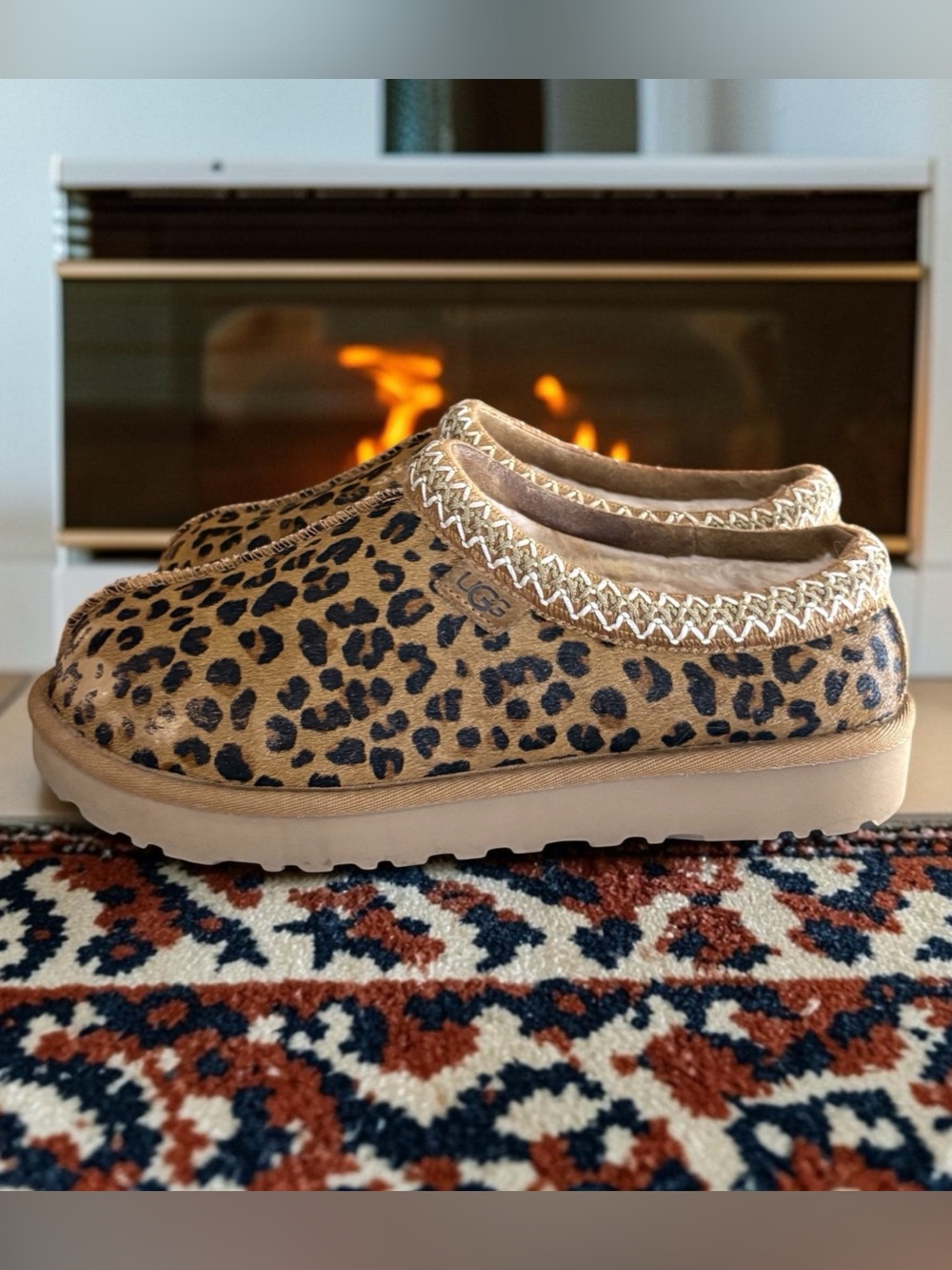 UGG Tazz Plains Leopard Print Cow Hair Sherpa Speckles Slippers